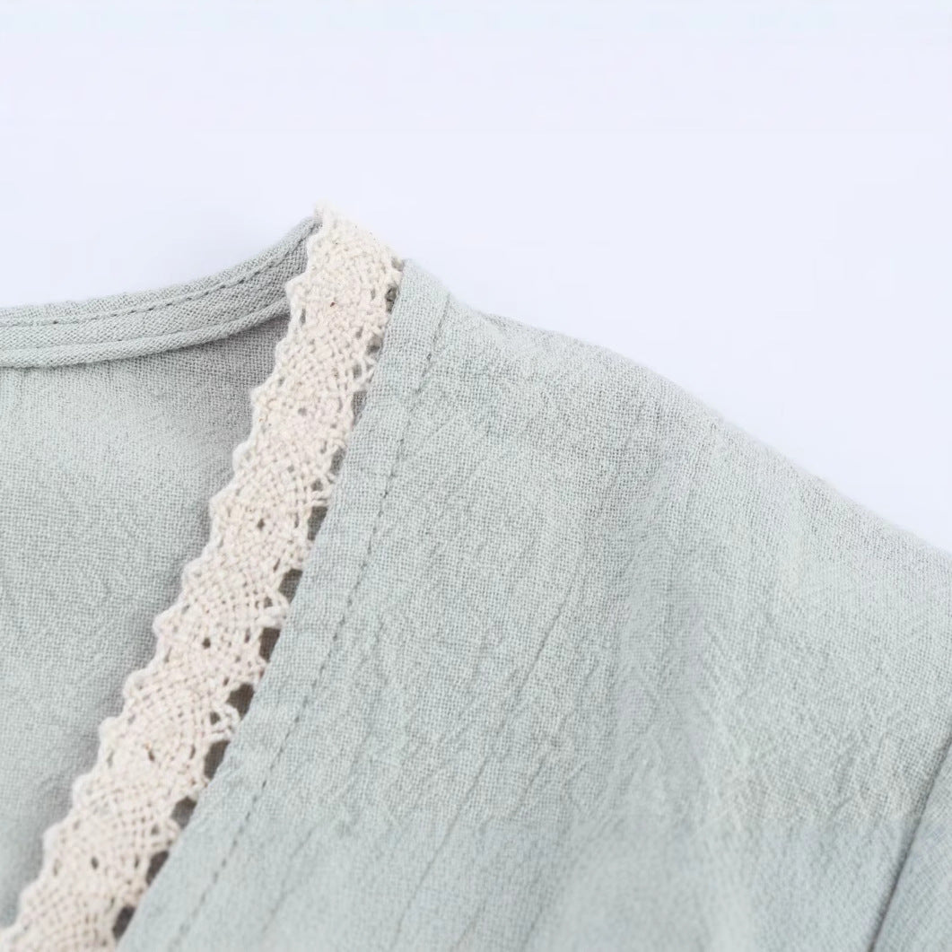 V-neck lantern sleeves embroidered lace up shirt top for women