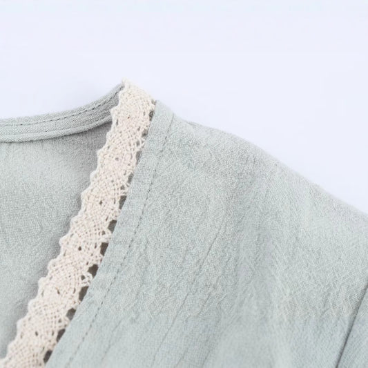 V-neck lantern sleeves embroidered lace up shirt top for women