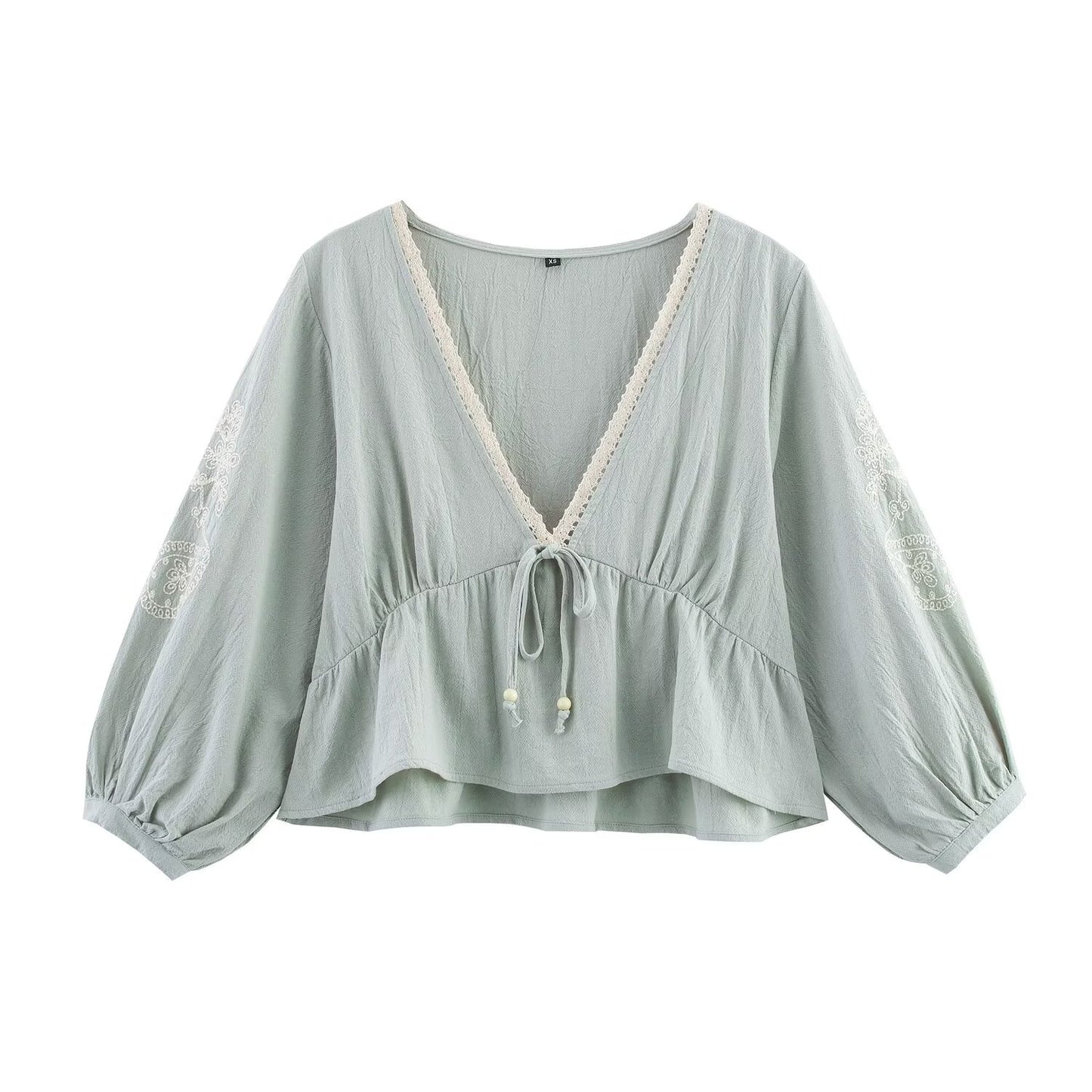 V-neck lantern sleeves embroidered lace up shirt top for women