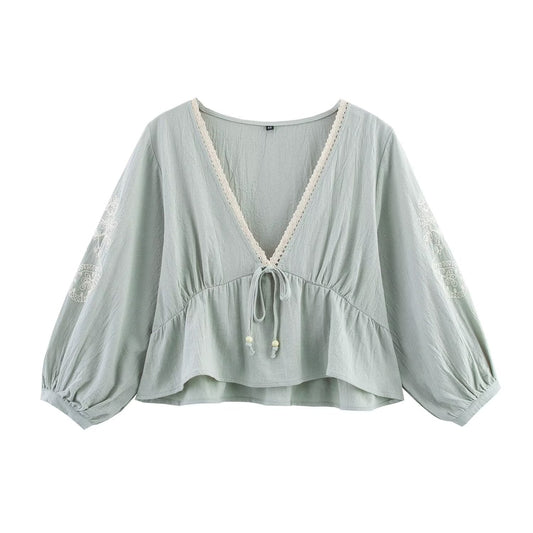 V-neck lantern sleeves embroidered lace up shirt top for women