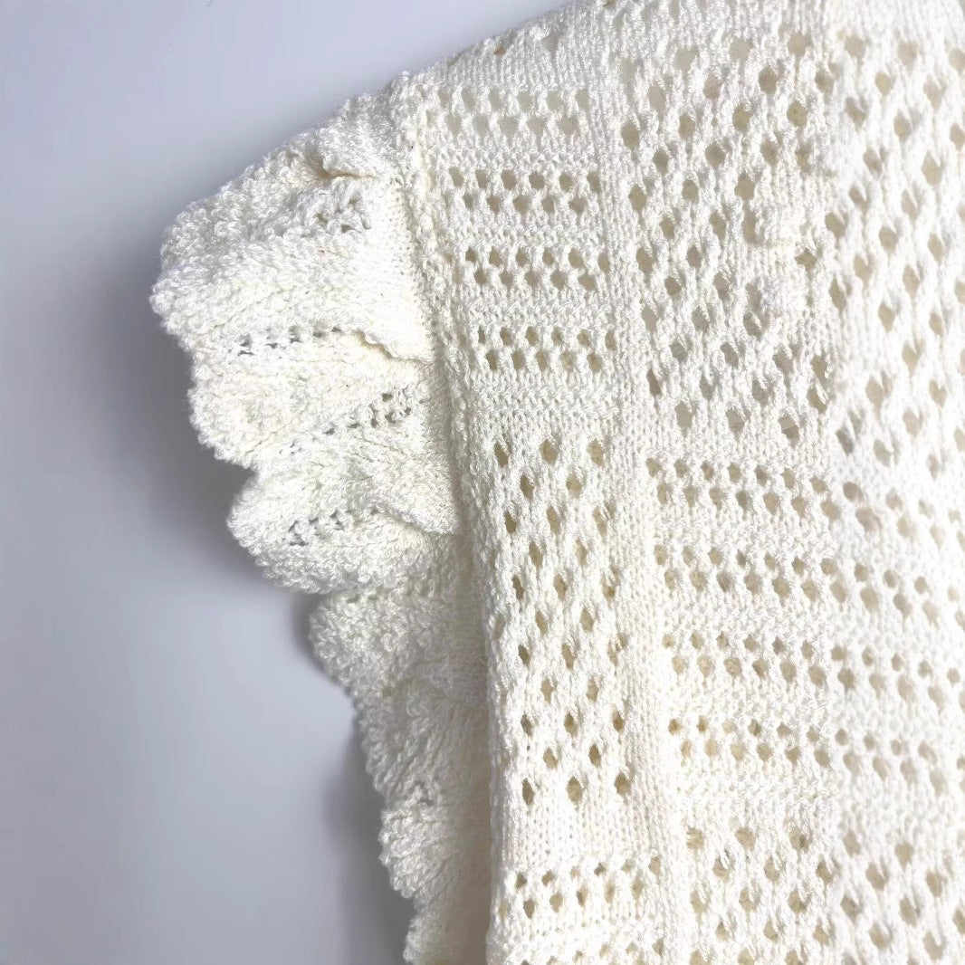 Jacquard mesh hollow flying sleeves knitted sweater jacket for women