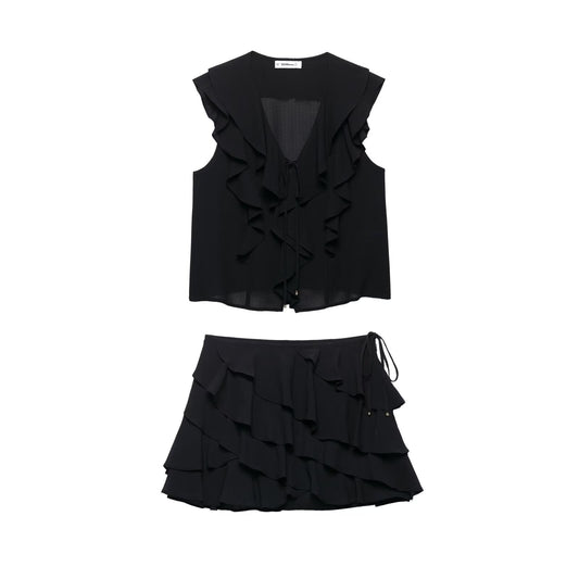 V-neck shirt top+skirt pants set for women