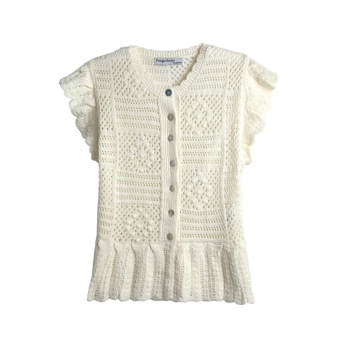 Jacquard mesh hollow flying sleeves knitted sweater jacket for women