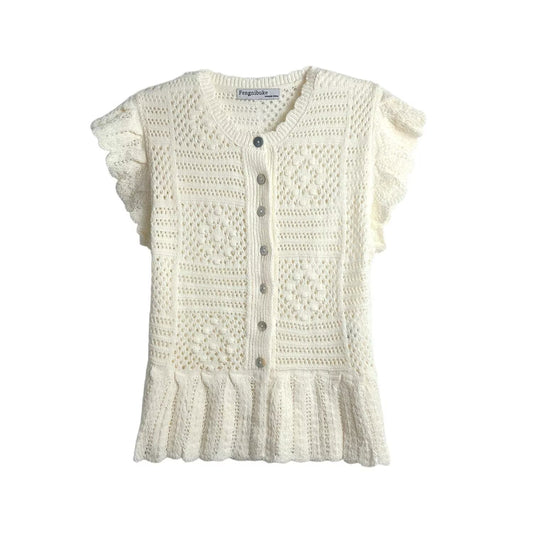 Jacquard mesh hollow flying sleeves knitted sweater jacket for women
